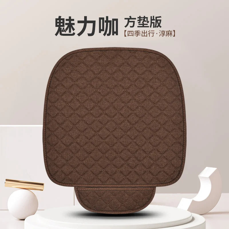 Universal Car Seat Cushion with Backrest Beige Linen Diamond Quilted Four Seasons Breathable Non-slip Auto Seat Cover Protector