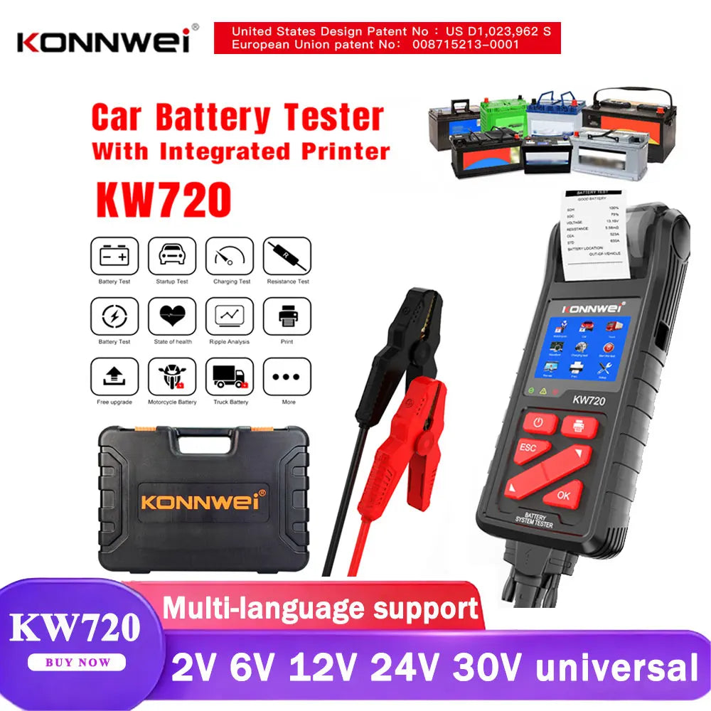 KONNWEI KW720 6V 12V 24V Battery Tester Analyzer Charging Cranking Test Tool for Car Motorcycle Truck with Integrated Printer