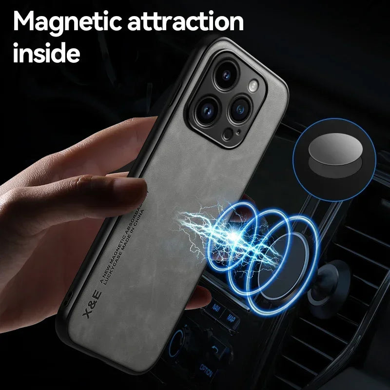 Luxury Leather Case For iPhone 17 16 16e 15 14 13 12 11 Pro Max Plus 12 13 Mini SE 8 7 Cover With Metal Plate Support Car Hold Car Mobile World
