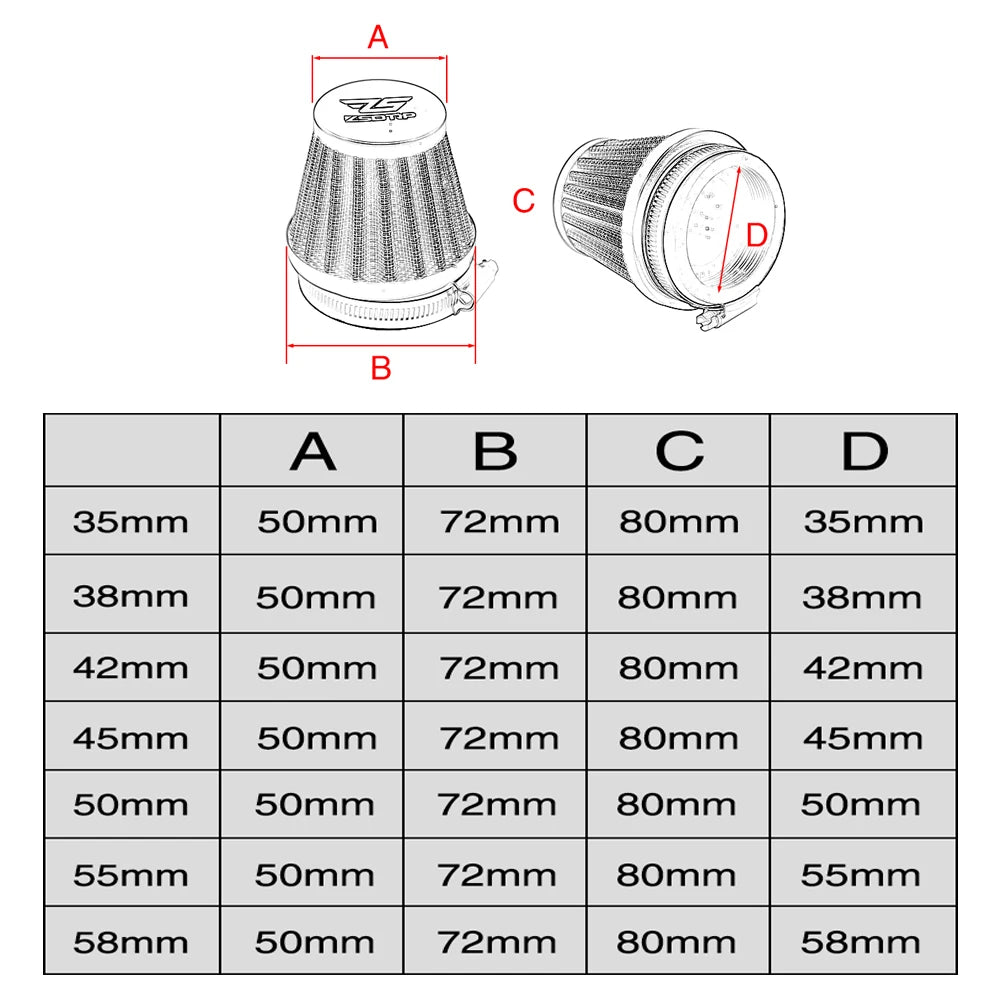 ZSDTRP Universal 35/38/42/45/50/55/58mm Motorcycle Air Filter Intake Pipe for 50cc 110cc 125cc 250cc ATV Dirt Bike Accessories CM World