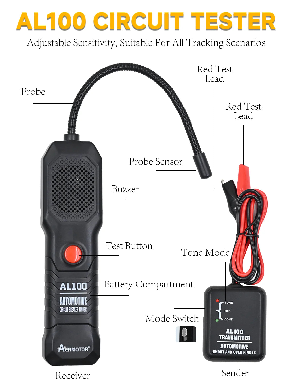 AERMOTOR AL100 Automotive Short Circuit Detector Open Finder Car Repair Tool for Circuit Test Tracking Cables