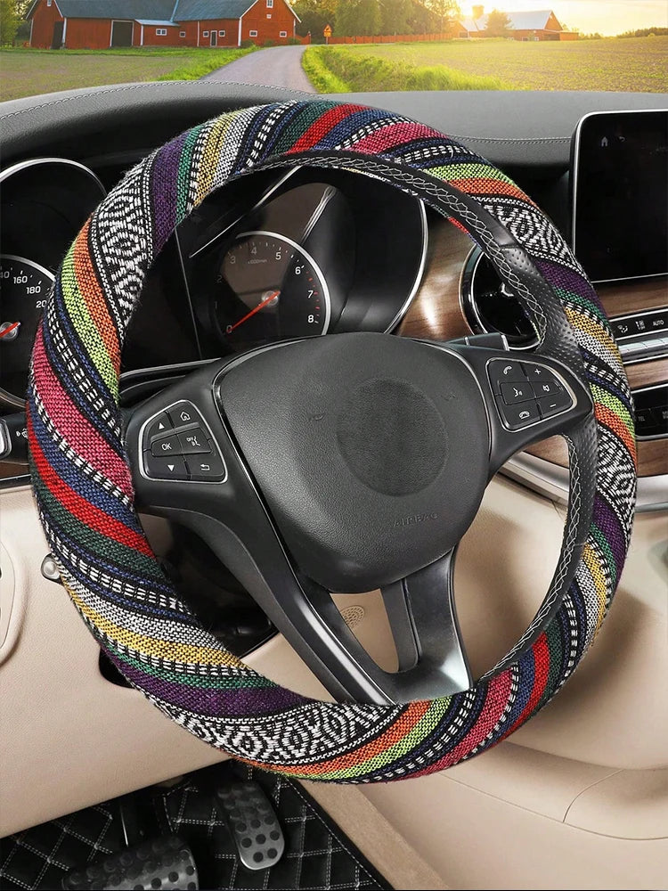 1Pc Bohemian Ethnic Car Steering Wheel Cover, 38cm Universal Fit, Colorful Linen-Like Polyester, No Inner Ring, Easy Install, No CM World
