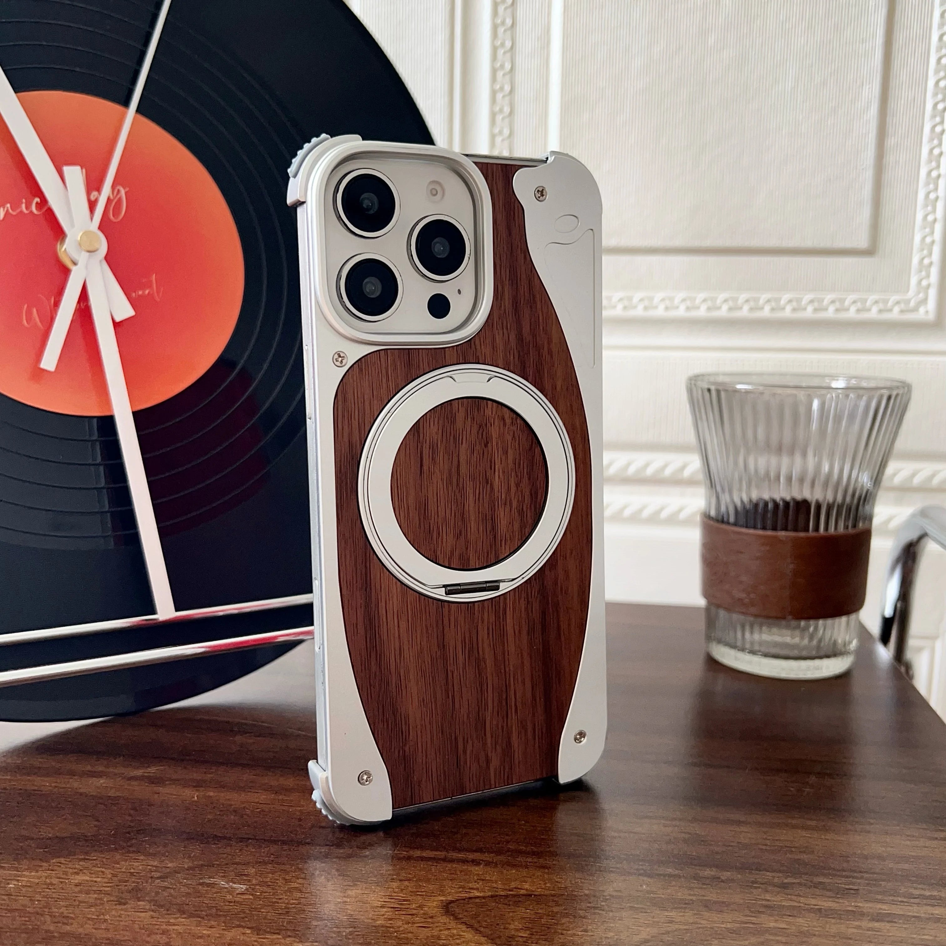 Luxury Metal Frame Walnut Wood Frameless Phone Case For iPhone 17 16 15 14 Pro Max Magsafe Magnetic 360 Rotating Bracket Cover Car Mobile World