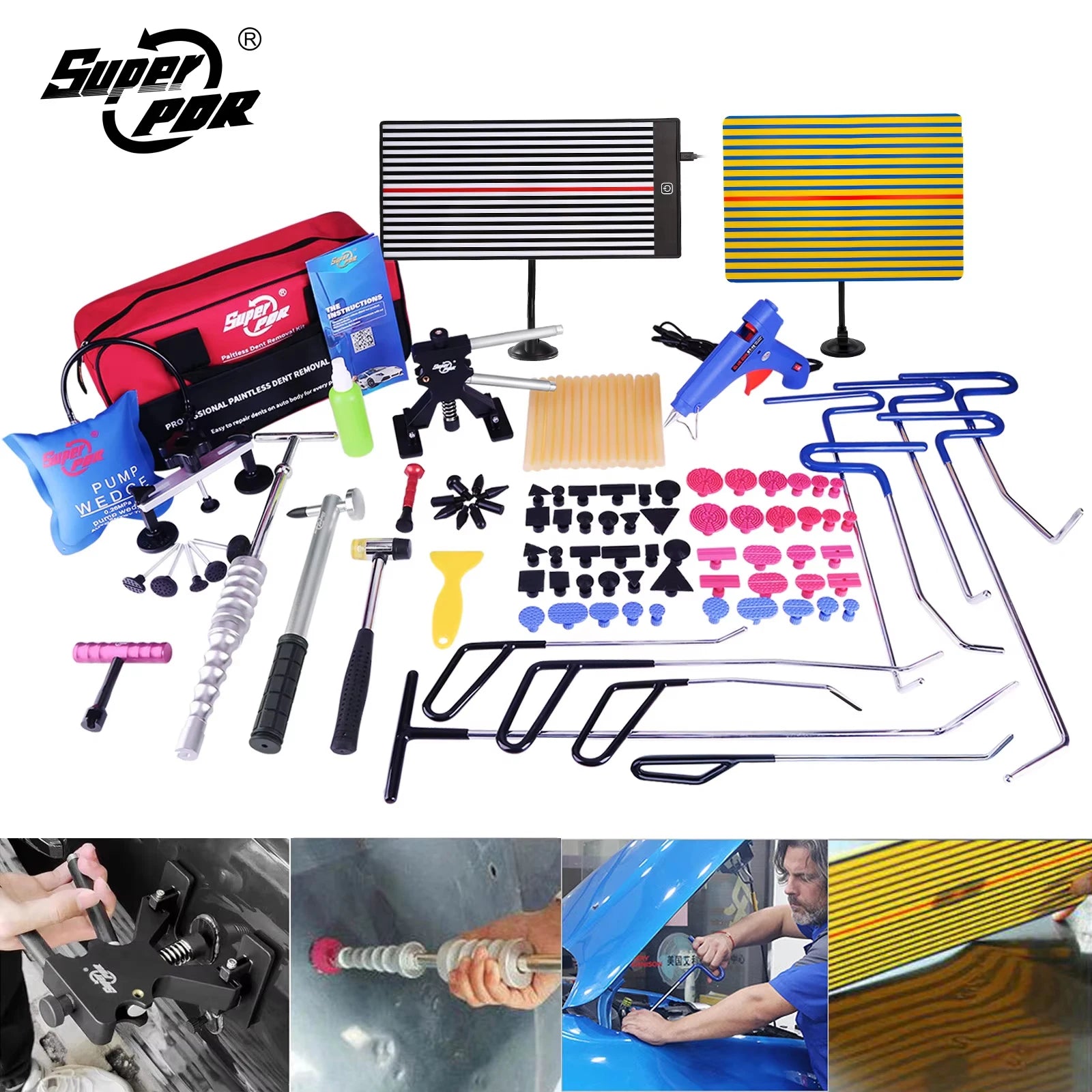 Super PDR Spring Steel Rods Dent Puller Lifter Glue Sticks Tap Down Hammer Dent Ding Hammer Car Paintless Dent Repair Tools Kit CM World
