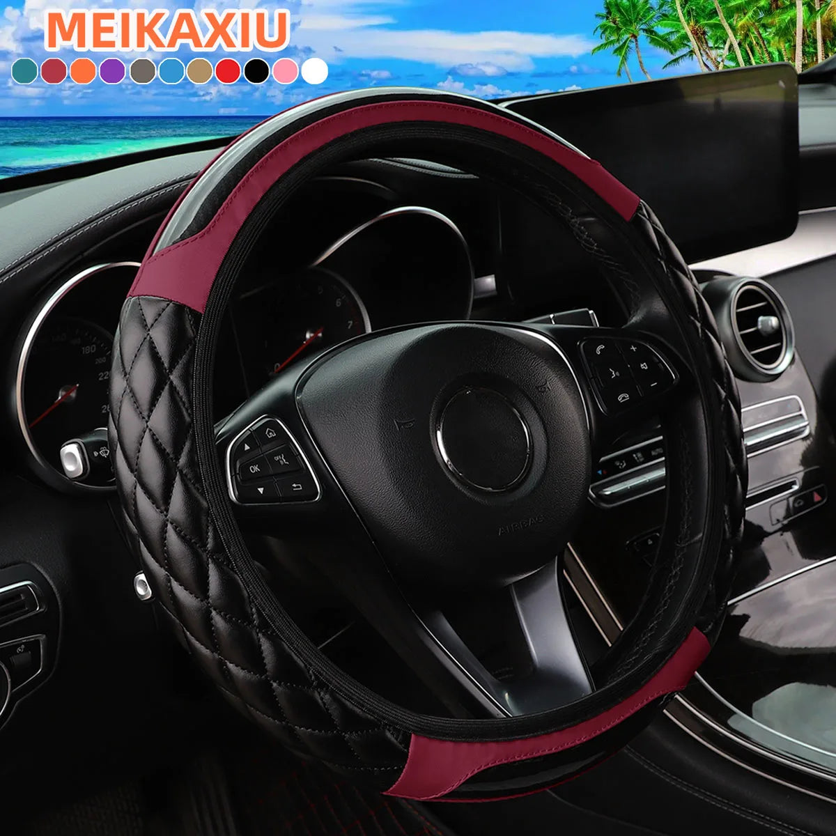 PU Soft Leather Crystal Carbon Fiber Embroidered Car Rimless Steering Wheel Cover for 14.5 - 15 Inch Car Interiors