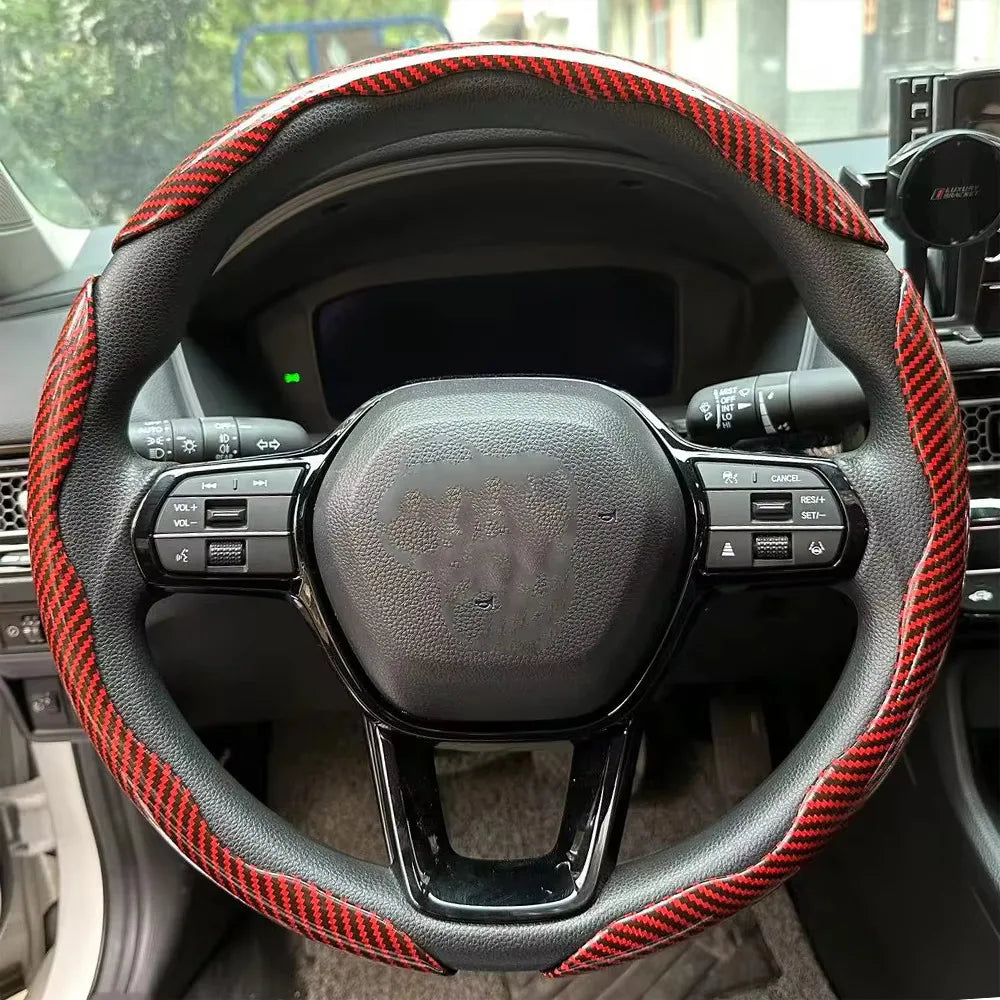 3PCS Laser Carbon Fiber Silicone Car Steering Wheel Cover 1K Micro Fiber Leather PVC Wheel Booster Cover Non-Slip Universal CM World