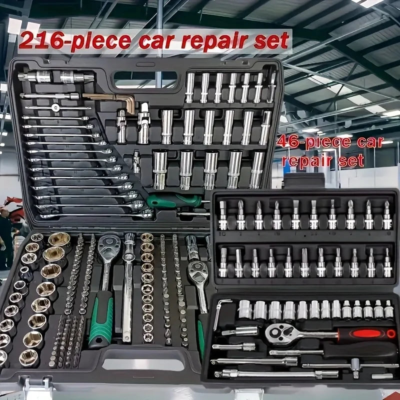 216-Piece Professional Socket Set - 1/2" 3/8" 1/4" Drive SAE & Metric, 72-Tooth Ratchet for Automotive & Home Repair CM World