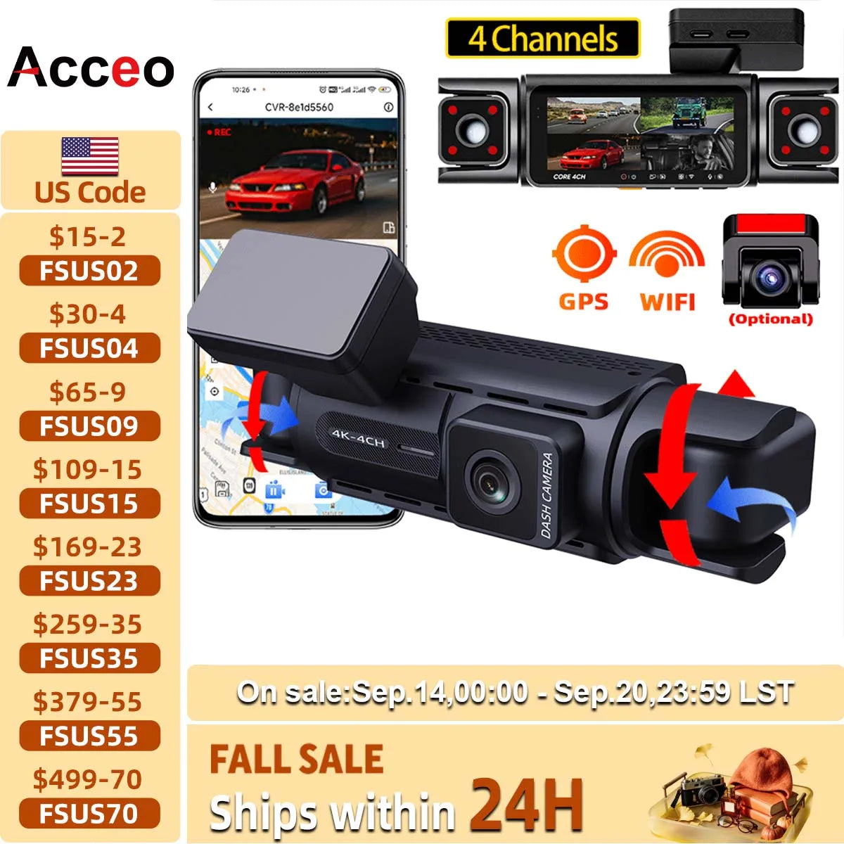4 Channel GPS WIFI Car Dash Cam 360 Panoramic 8 IR Night Vision Lights 24H Parking Front 4K Inside/Rear/Left 1K Video Recorder