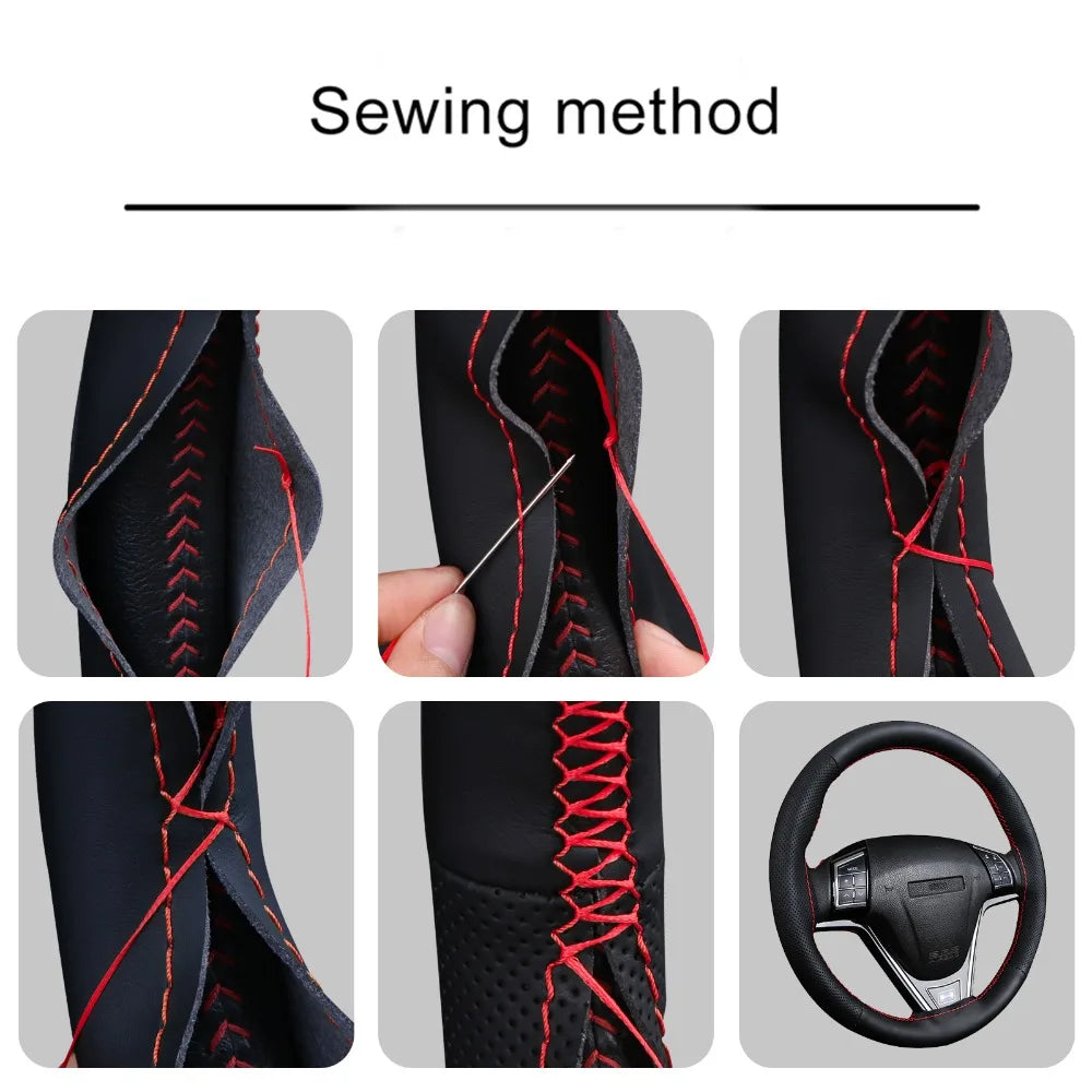 Hand Stitched 37-39cm Car Steering Wheel Cover,Perforated Microfiber Leather, Wear Resistant Non-Slip Steering Wheel Protector