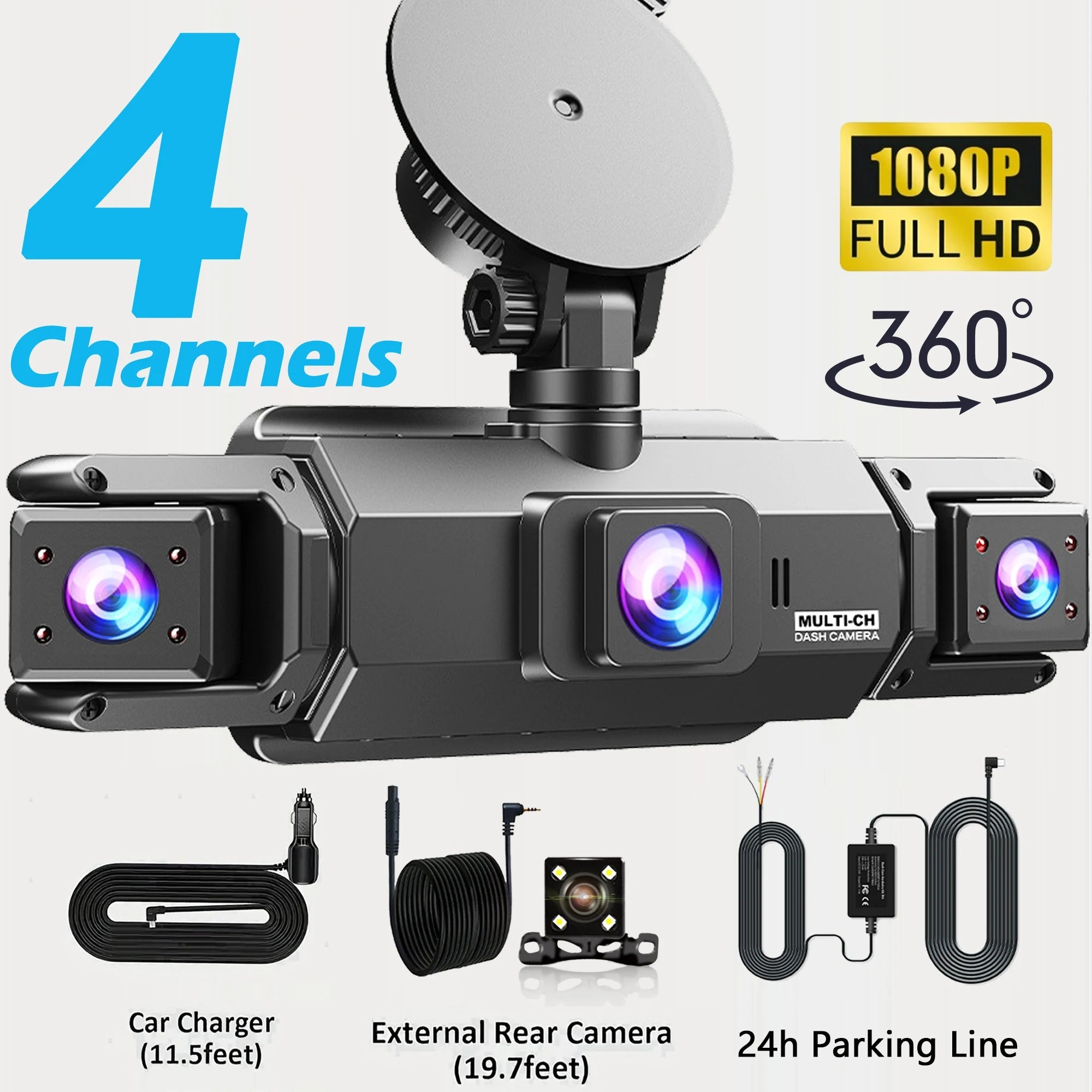360° Car DVR Dash Cam 4 Lens Front Rear Left Right Inside IPS Screen Rotatable Lens Night Vision 24H Parking G-Sensor Black Box Car Mobile World