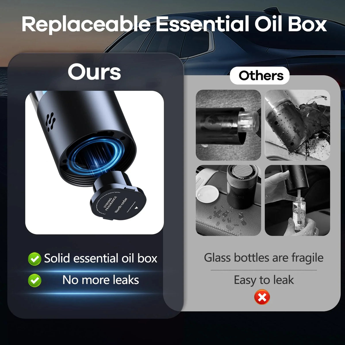 Smart Car Air Freshener, Automatic Car Air Freshener Diffuser with Ambient Light, Car Diffuser with 2 Essential Oil Cartridges,