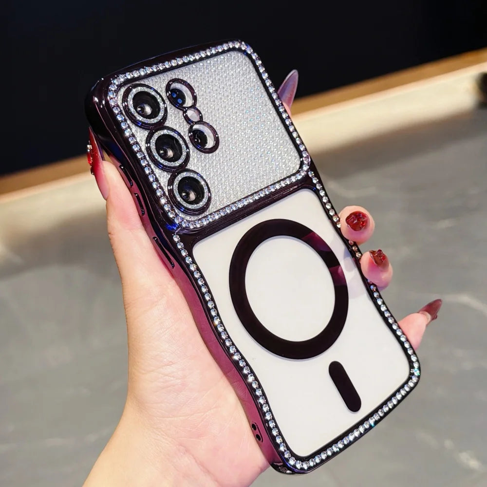 Luxury Glitter Diamond for Magsafe Plating Case for Samsung Galaxy S26 Ultra Plus Bling Camera Protector Transparent Wave Cover