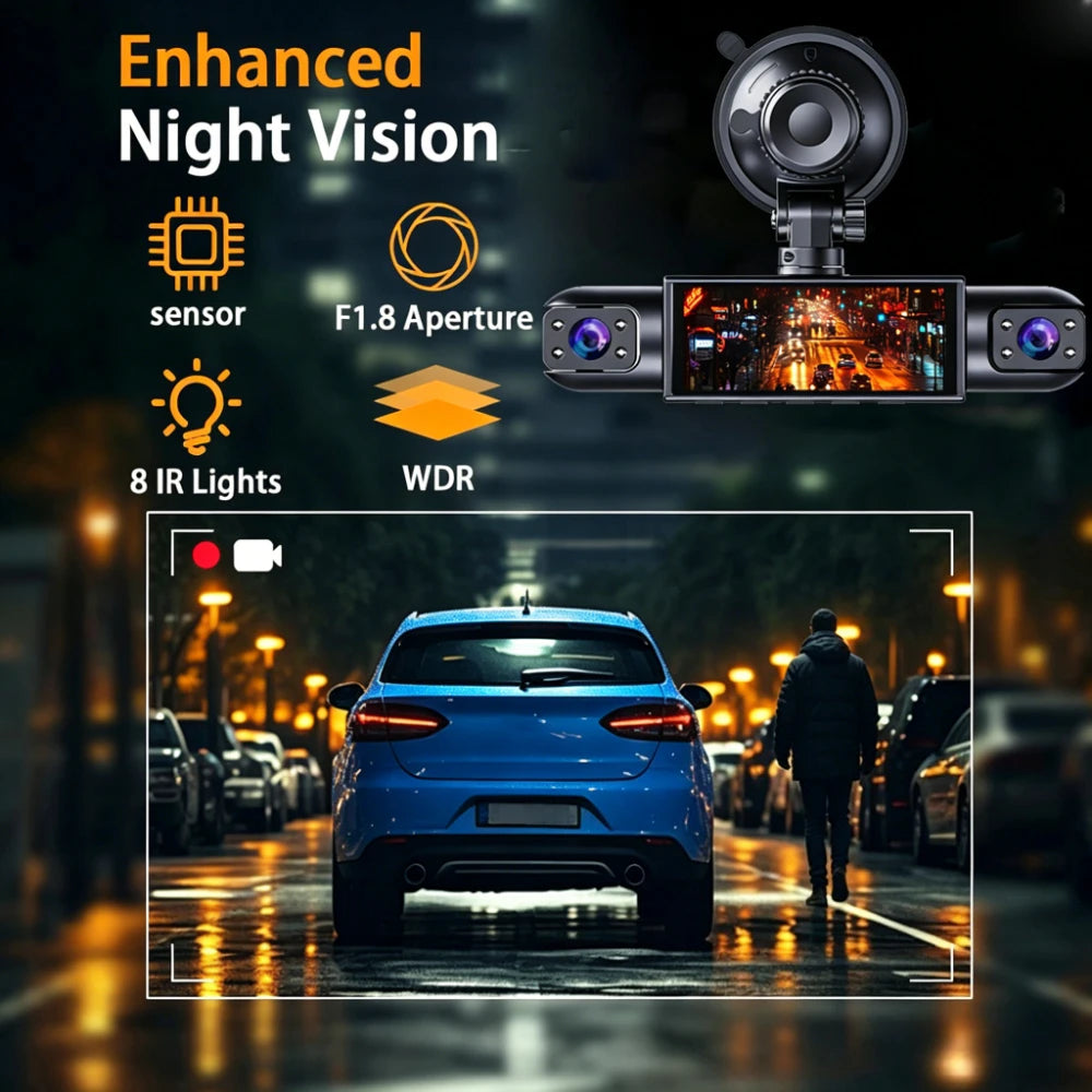 Dash Cam 1080P 360° Vehicle DVR Driving Recorder 4-channel 3.16-inch LCD Screen Rotatable Lens, Night Vision, Loop Recording Car Mobile World