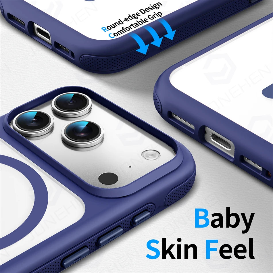 For Magsafe Skin Feel Transparent Phone Case For iPhone 17 16 15 Plus 14 13 12 18 Pro Max Metal Buttons Siliconen Bumper Cover