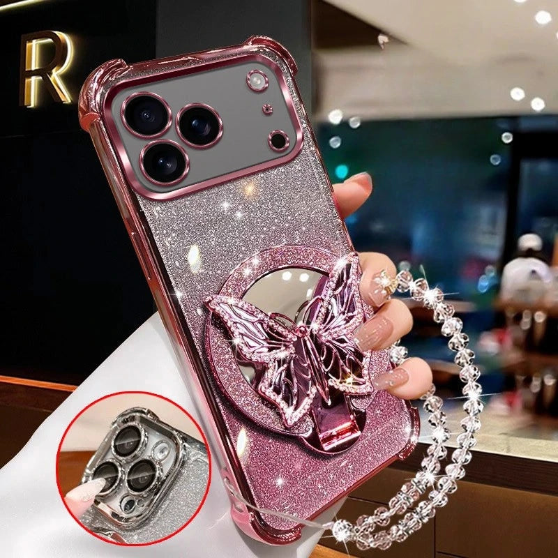 Glitter Butterfly Mirror Crystal Bracelet Case for IPhone 17 Air 16 16E 15 14 Plus 13 12 11 Pro XS Max XR X  Shockproof Cover