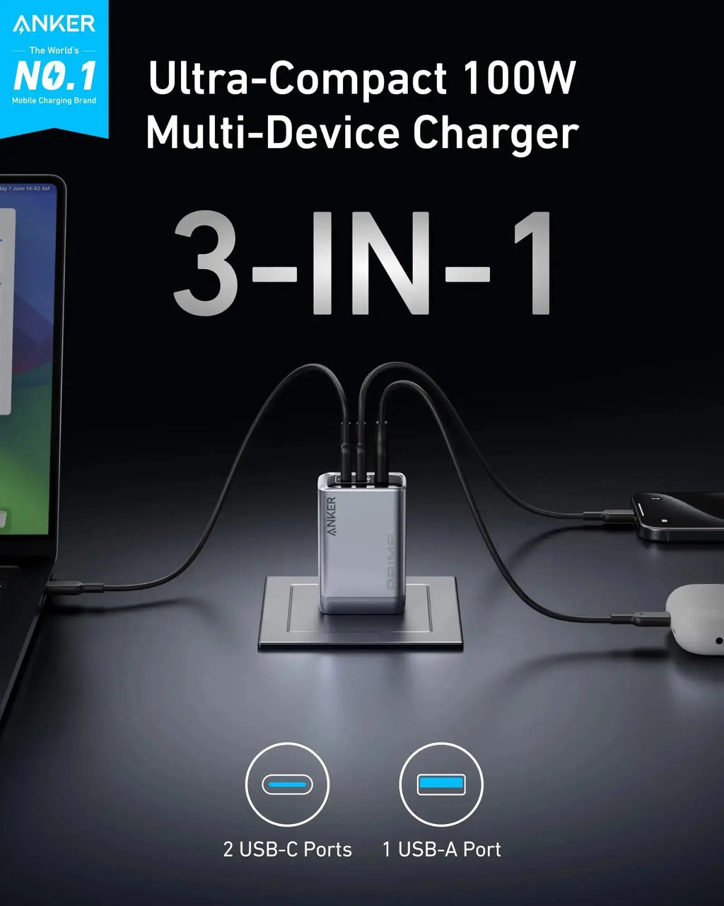Anker Prime Charger, 100W USB C Charger, 3-Port GaN USB Charger Block, Foldable and Compact for MacBook, iPad, iPhone Series Car Mobile World