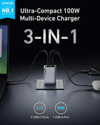Anker Prime Charger, 100W USB C Charger, 3-Port GaN USB Charger Block, Foldable and Compact for MacBook, iPad, iPhone Series Car Mobile World