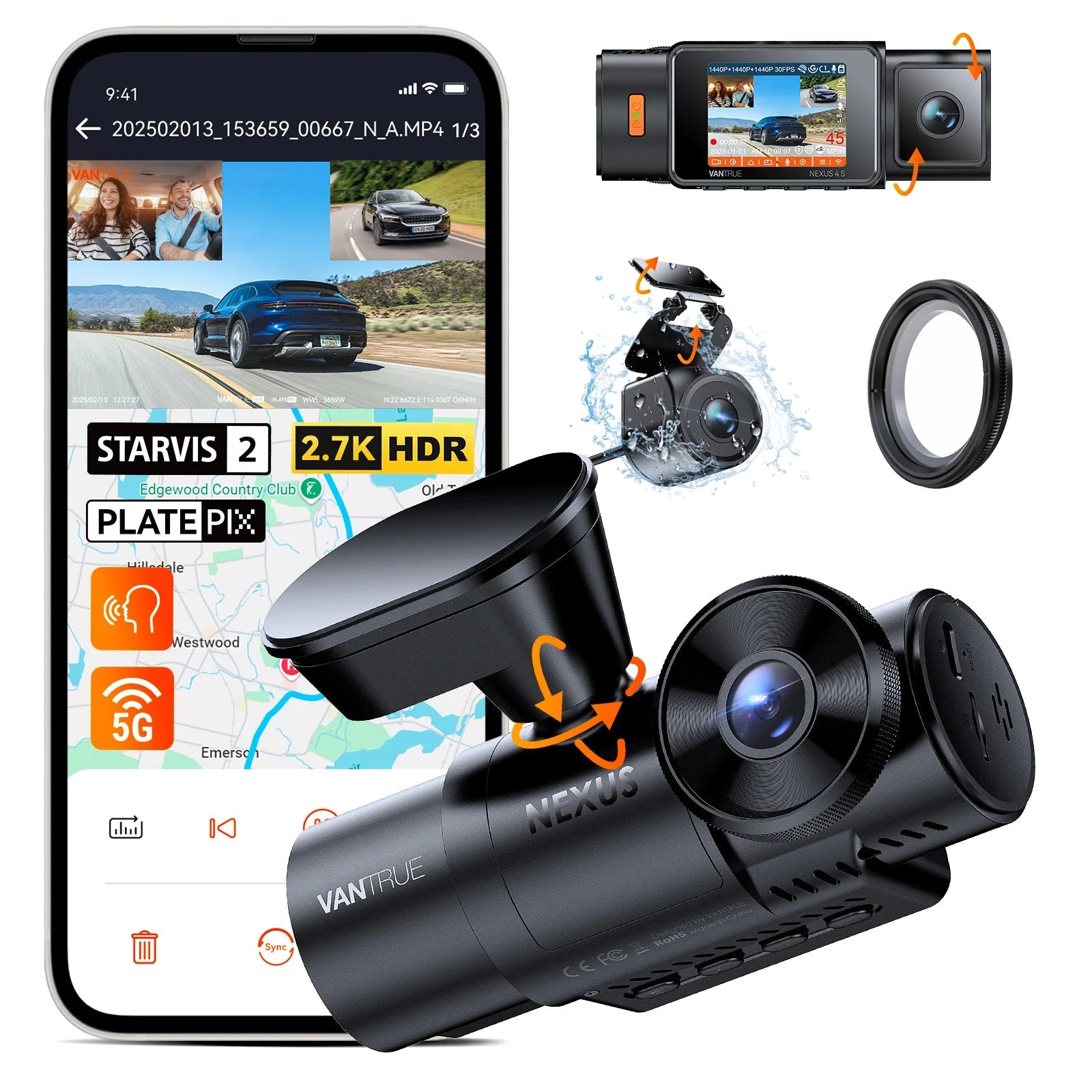 Vantrue N4S DashCam 3 Channel WiFi STARVIS 2 2.7K+1440P+1440 Waterproof Rear Camera HDR IR Night Vision GPS 24h Packing Mode Car Mobile World