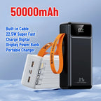 50000mAh Built-in Cable 22.5W Super Fast Charge Digital Display Power Bank Portable Charger Car Mobile World