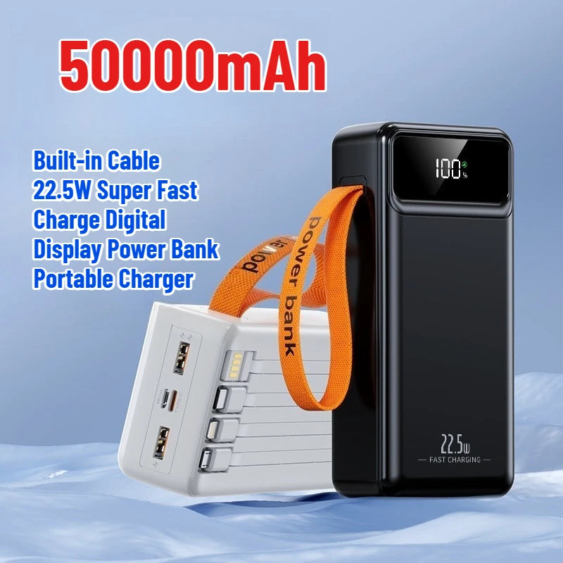 50000mAh Built-in Cable 22.5W Super Fast Charge Digital Display Power Bank Portable Charger Car Mobile World