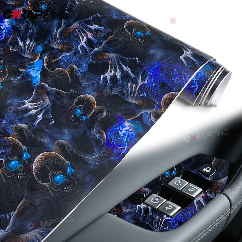 Car Stickers Automotive Vinyl Wrap Waterproof Cover Air Release Foil Blue Skull Vehicle Decoration Self-adhesive for Car Parts Car Mobile World