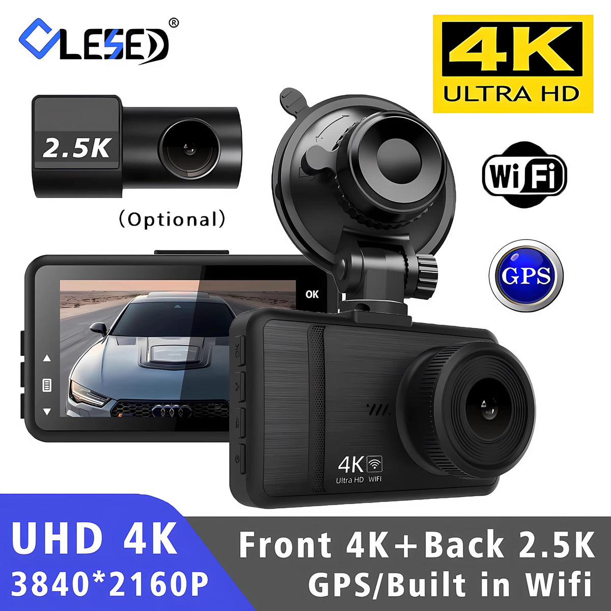 4K 2160P Ultra HD Dash Cam Night Vision With Back 2.5K 1440P Rear Car Video Camera WiFi GPS Logger G-Sensor Loop Recording