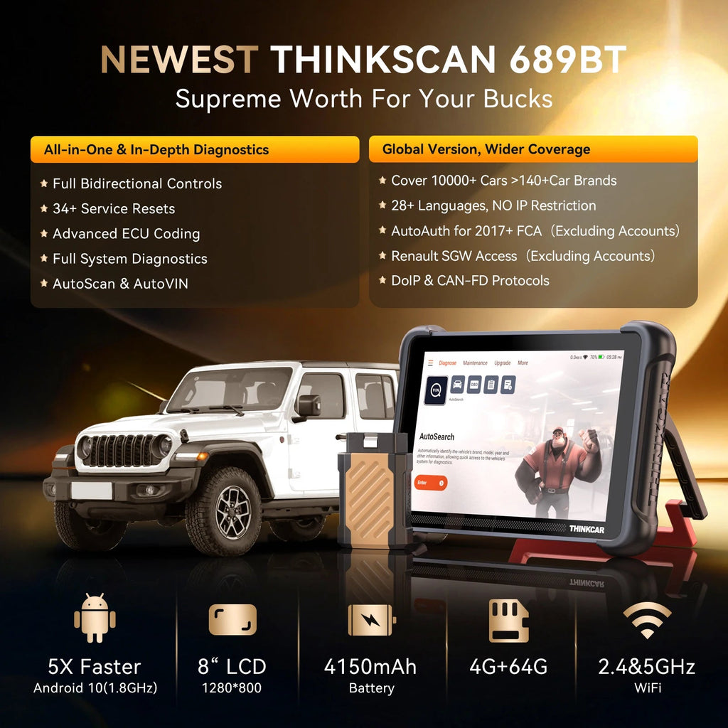 THINKCAR THINKSCAN 689BT Bi-directional Car Diagnostic Tool CANFD DOIP ECU Coding Life Free 34 Resets Full Systems Obd2 Scanner Car Mobile World