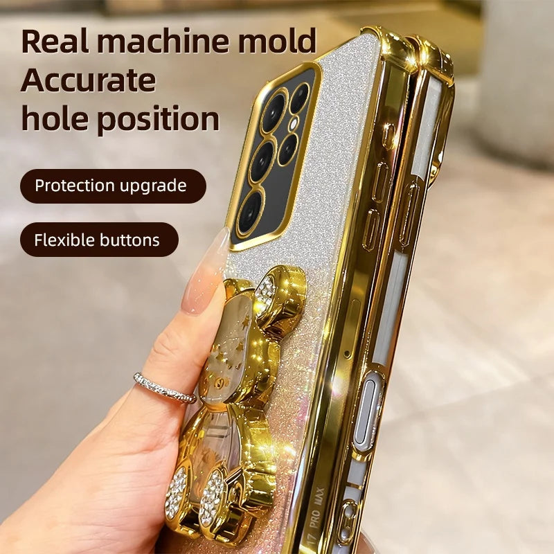 S26 Shockproof Holder Case for Samsung Galaxy S25 Ultra S22 S21 S24 FE S23 Plus Glitter Bear Bracket Stand Luxury Plating Cover