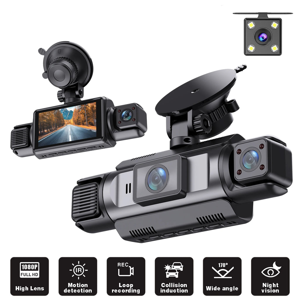 ZKCAMSPY 360° Dash Cam 1080P Front 720P Rear 480P Right Side, 3.16" 4-Split Screen, 4 Lens/3 Lens, Super Night Vision, 24H Parking Monitor, G-Sensor, Loop Recording, Car DVR Recorder with 12-24V Car Plugs, Optional No-card