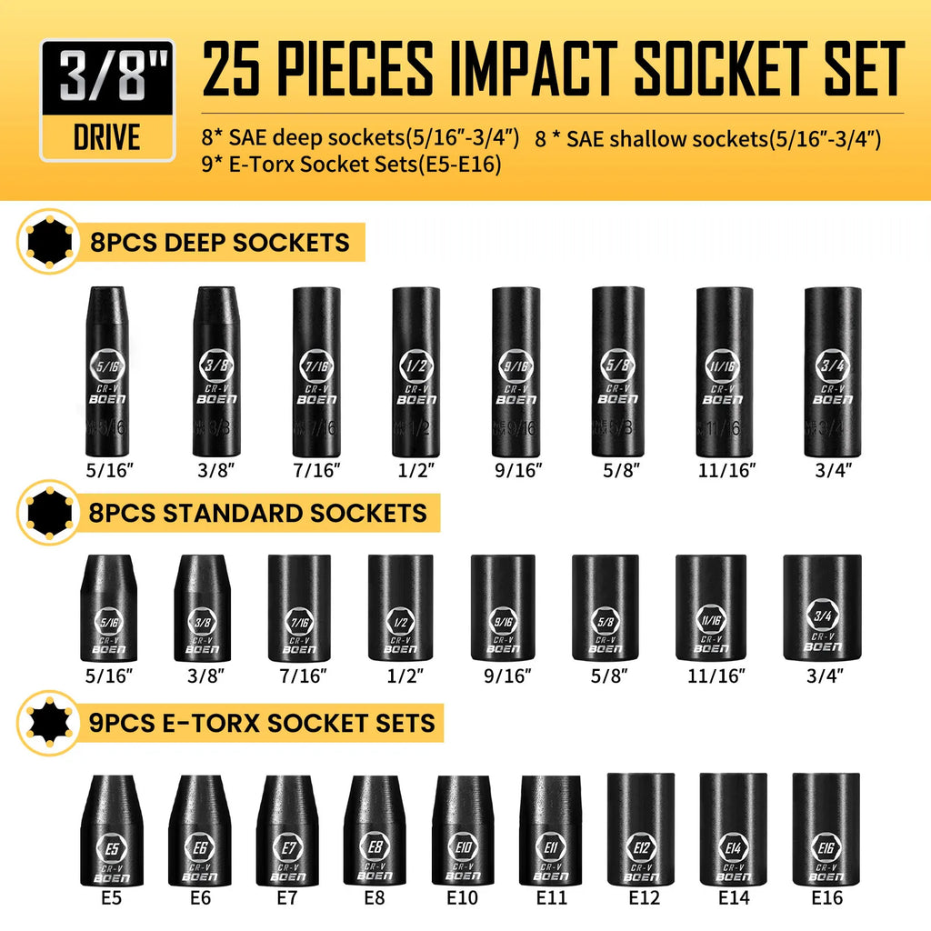 BOEN 3/8" Drive Impact Socket Set, 59-Piece Standard SAE (5/16 to 3/4 inch) and Metric (6-22mm), Include 9-Piece E-Torx Socket CM World