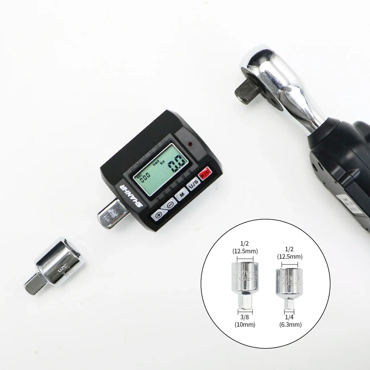 SHANHR 1/2'' Digital Torque Adapter, 1/2" 1/4 3/8, Adjustable Torque 3-Piece Set with Adapter Torque Wrench Head Bike Set