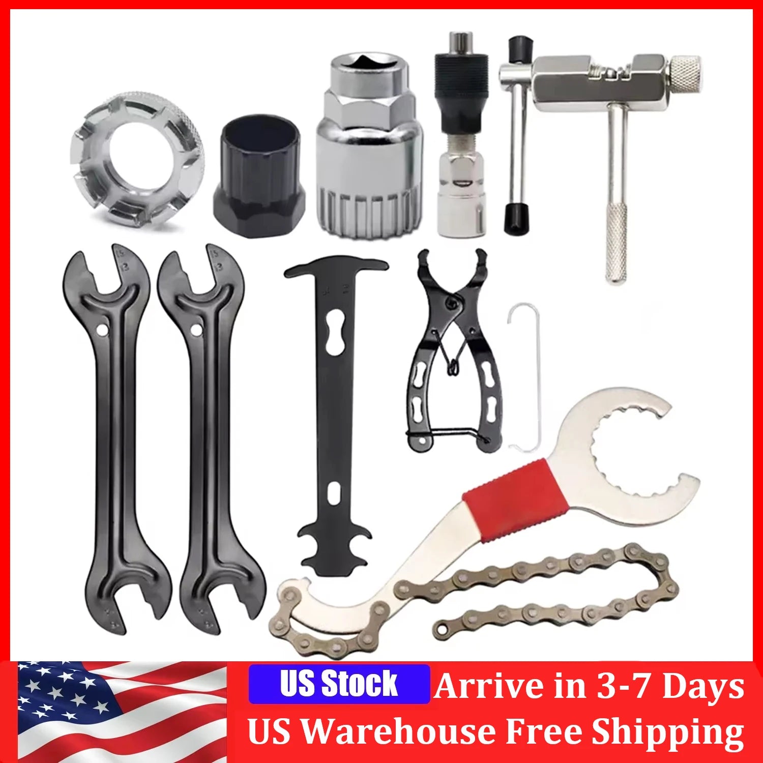 9PCS Bike Repair Tool Kit Crank Chain Cutter Extractor Freewheel Puller Crank Puller Spoke Wrench Complete Bike Maintenance Kits CM World