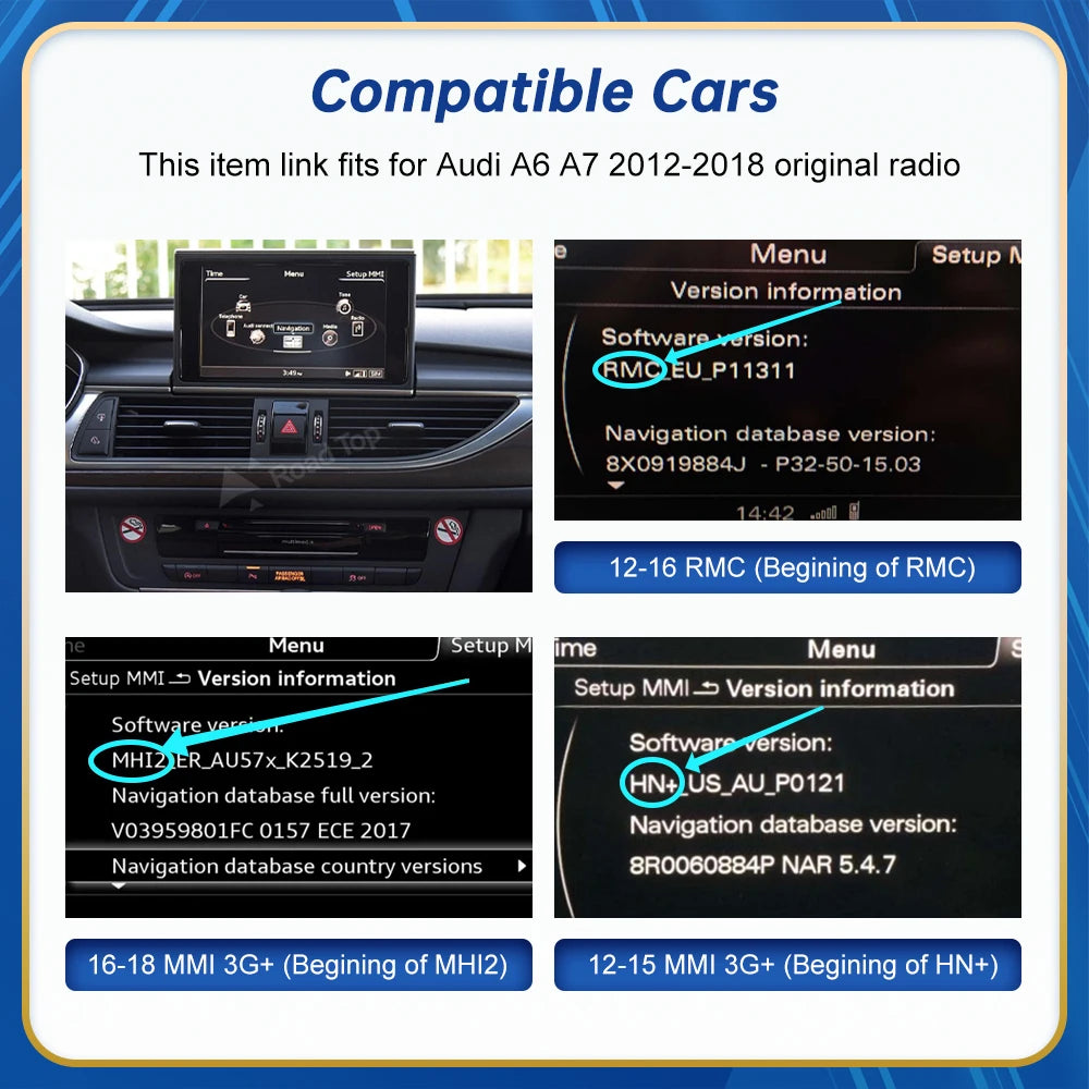 Road Top Wireless Android Auto For Audi Car A6 A7 RMC 3G MMI MHI2 2012-2018 Carplay Interface Mirror Link Air Play CM World