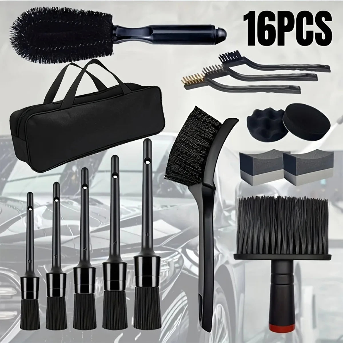 16Pcs Car Washing Brush Tool Kit With Storage Bag Wheel Brush Cleaning Brushes Steel Brushes Uses For Car Detailing Accessories