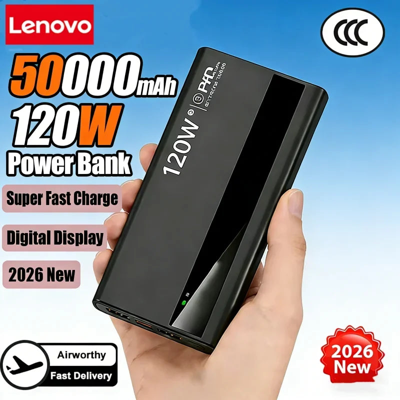 Lenovo 50000mAh Powerbank 120W Super Fast Charging Portable Battery Charger Ultra Capacity LED Digital Display For iPhone Car Mobile World