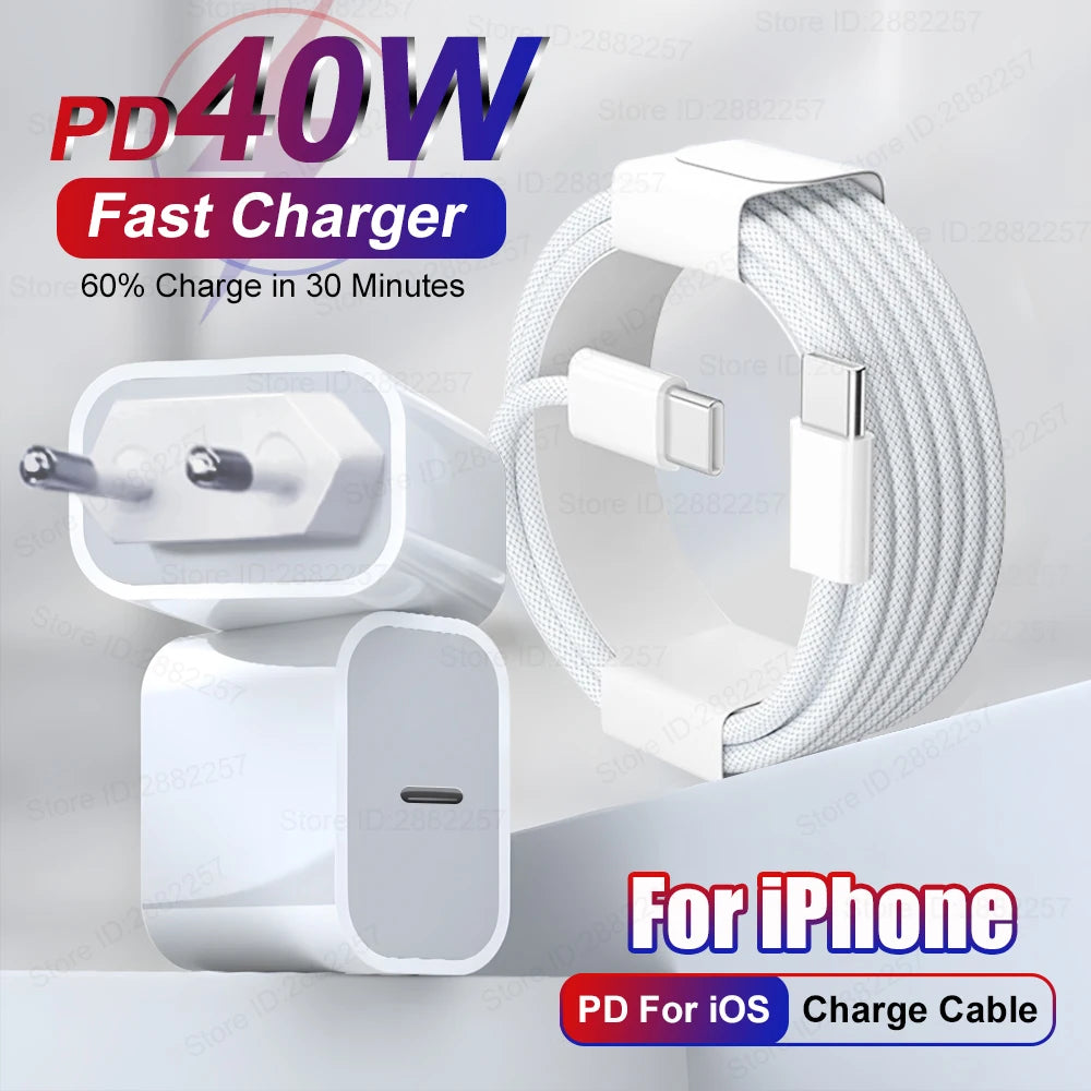 PD 40W USB C Fast Charger For Apple iPhone 16 15 11 12 13 14 Pro Max Plus Fast Charge Phone Charger USB Type C Cable Accessories Car Mobile World