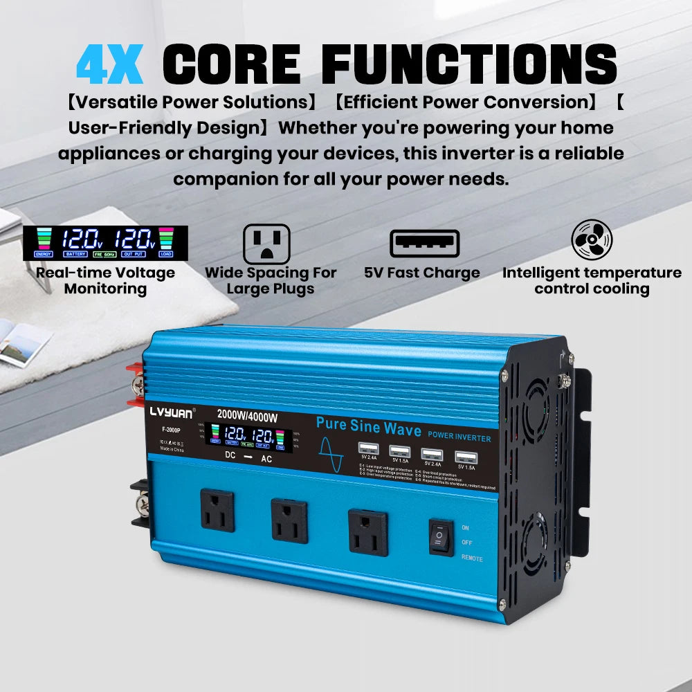 4000W Pure Sine Wave Inverter DC 12v/24v To AC 110v 60HZ Voltage Converter Car Solar Power Inverter CM World