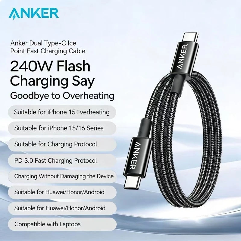 Anker Zolo 240W Anti-Dust Woven USB-C Cable Fast Charging Data Transfer Wire for iPhone MacBook Huawei Android Phones Laptops