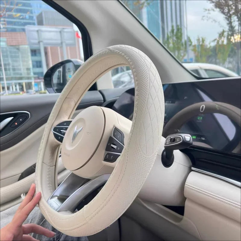 Napa Leather Perforated Patchwork Car Steering Wheel Cover, Non-slip, Breathable, Universal 15 Inch (Approx. 38.1cm) CM World
