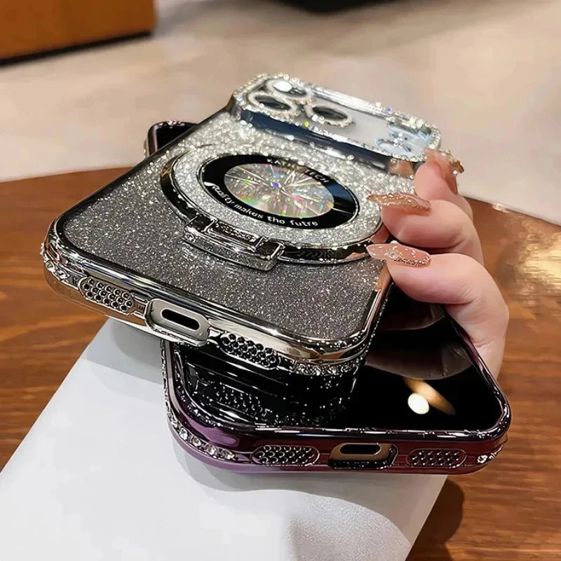 Transparent Diamond Glitter Magnetic Phone Case with Coating，Applicable iPhone 18 17 16 15 14 Pro Max Lens Protection Bracket Ba