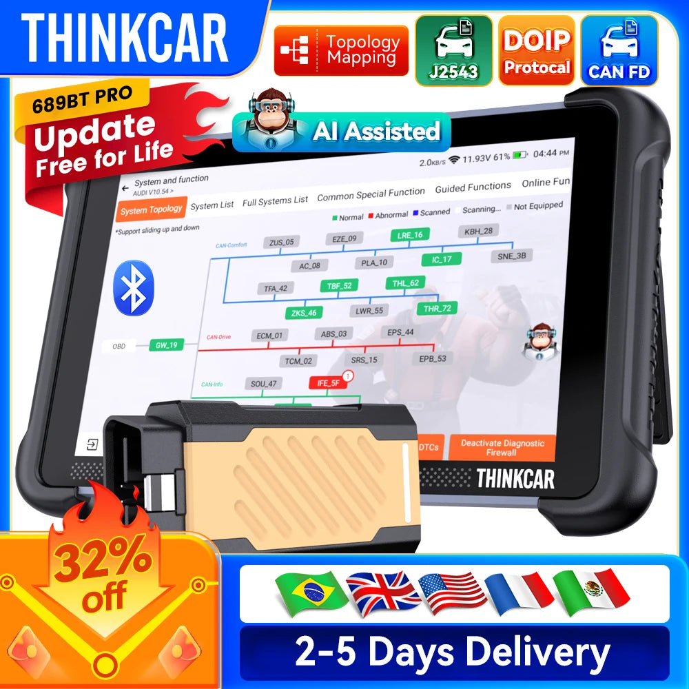 THINKCAR THINKSCAN 689BT PRO AI OBD2 Scanner Topology Map All System Diagnose 35 Reset J2534/CAN FD/DoIP Lifetime Free Update
