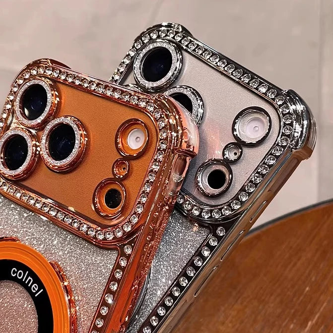 for Magsafe Bracket Case for iPhone 17 16 15 14 13 Pro Max Stand Holder Luxury Girl's Bling Diamond Bumper Camera Soft TPU Cover