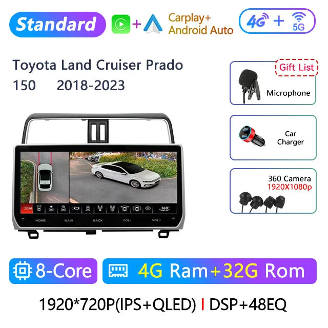12.3" 2 Din Android Car Radio Multimedia DVD Player For Toyota Land Cruiser Prado 150 2018-2023 Navigation GPS Carplay Head Unit CM World