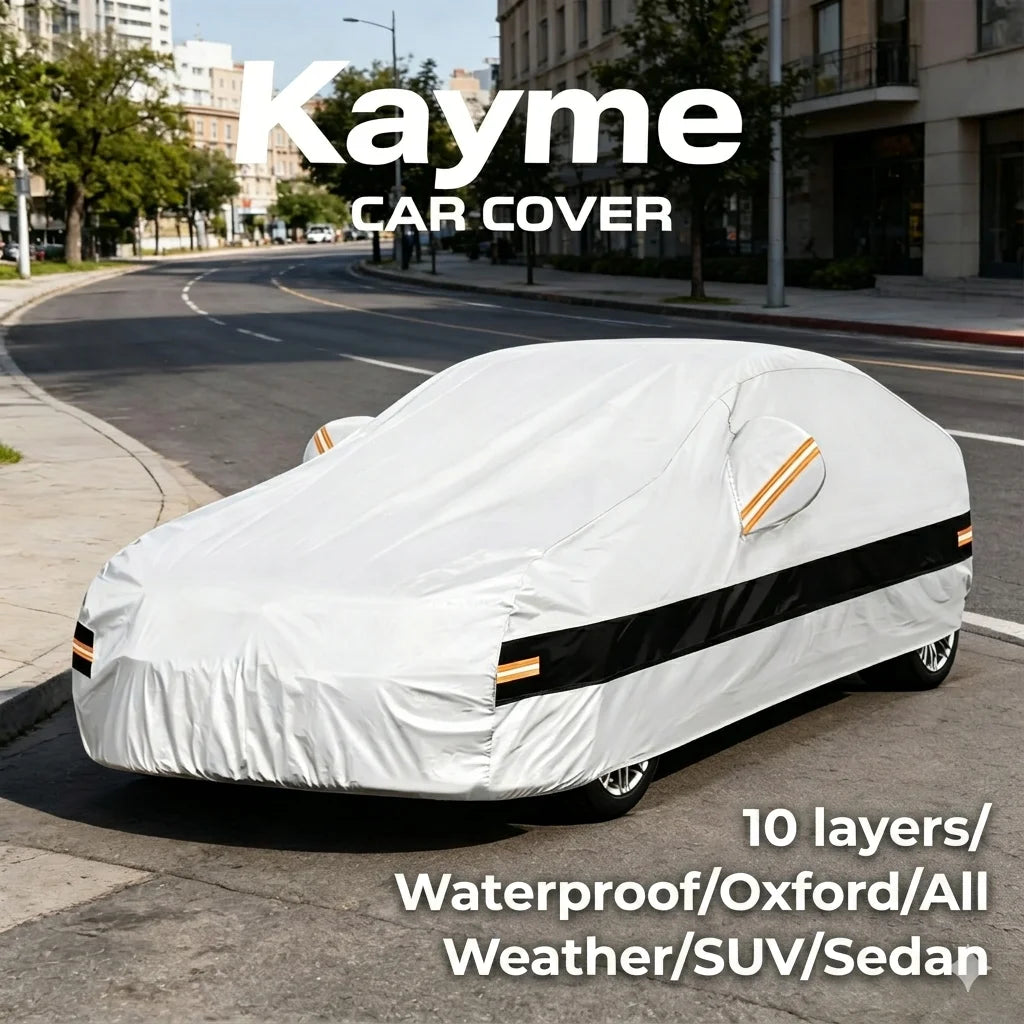 Kayme 10 Layer Car Cover All Weather 100% Waterproof Outdoor Car Covers Rain Snow UV Dust Protection For Sedan/Suv/Hattchback Car Mobile World