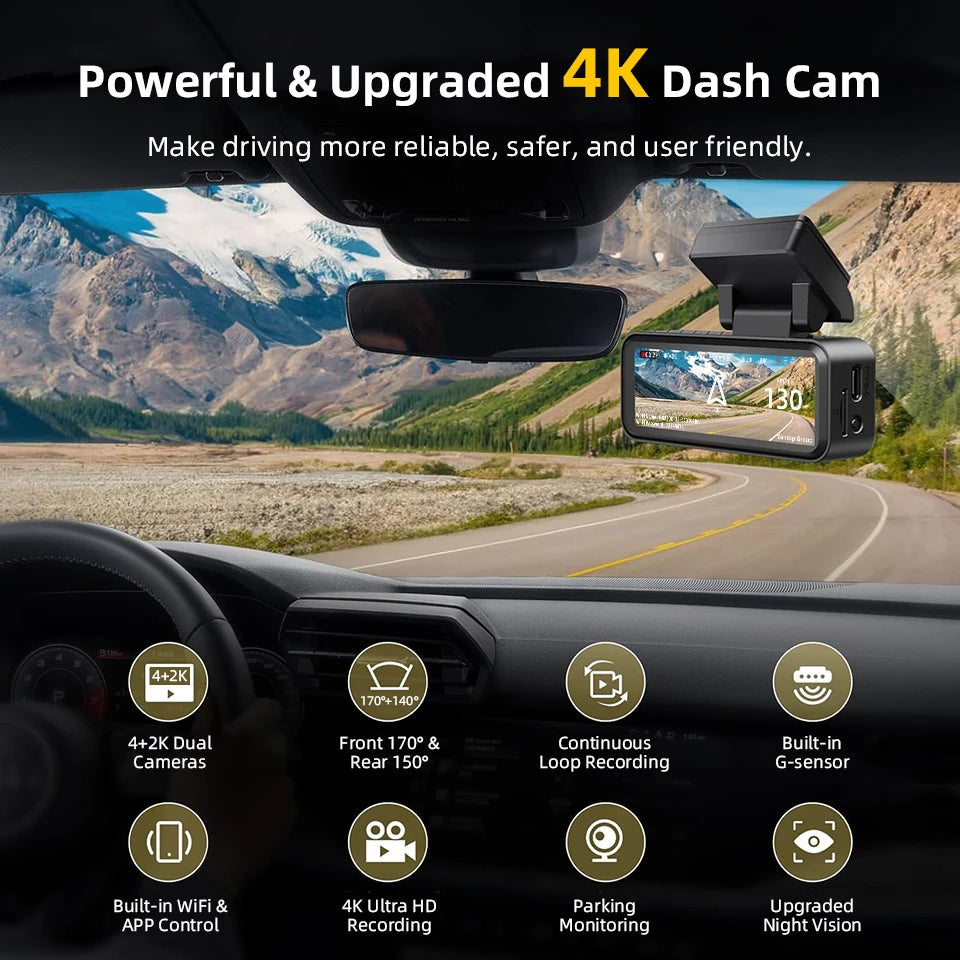 Acceo 4K Dashcam WIFI GPS CAR Video Recorder Dual Lens Support 2.5K Rear Camera Night Vision 24H Parking Monitoring Black Box Car Mobile World