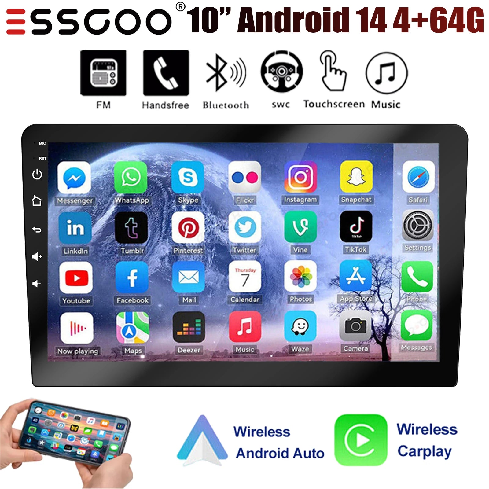 ESSGOO 10.1" Android 14 Carplay Car GPS Radio Stereo Double 2Din Head Unit FM SWC Bluetooth 4+64GB IPS Split Touch Screen WiFi CM World