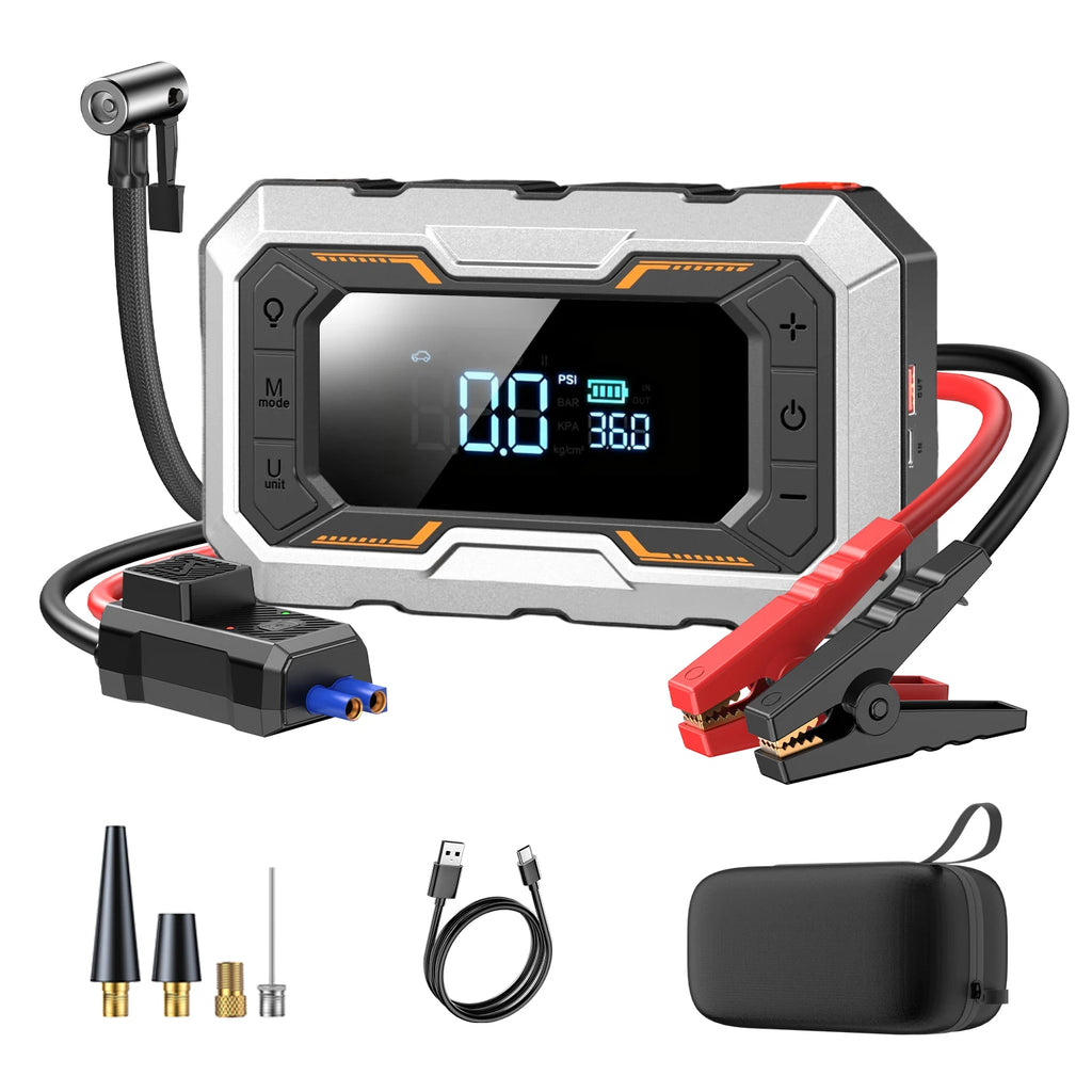 2026 Newest Portable Car Jump Starter 6000A, 153PSI Tire Inflator for 12L Petrol & Diesel Engines, With EVA Storage Case