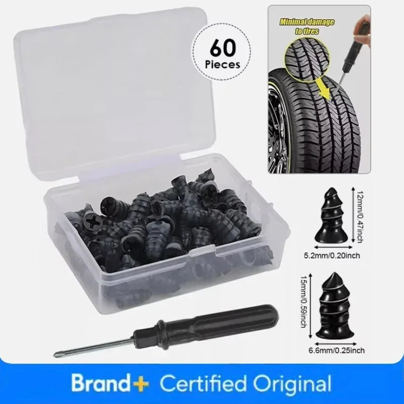 61x Car Tubeless Vacuum Tyre Puncture Repair Kit Screw Nails Tire Patch Plug Fix Tools With Screwdriver & Convenient Storage Box CM World