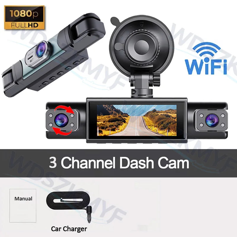 4CH Dash Cam FHD 1080P WiFi Video Recorder Car DVR 3Cam Night Vision Front left right Rear Black Box 24H Parking Loop Recording