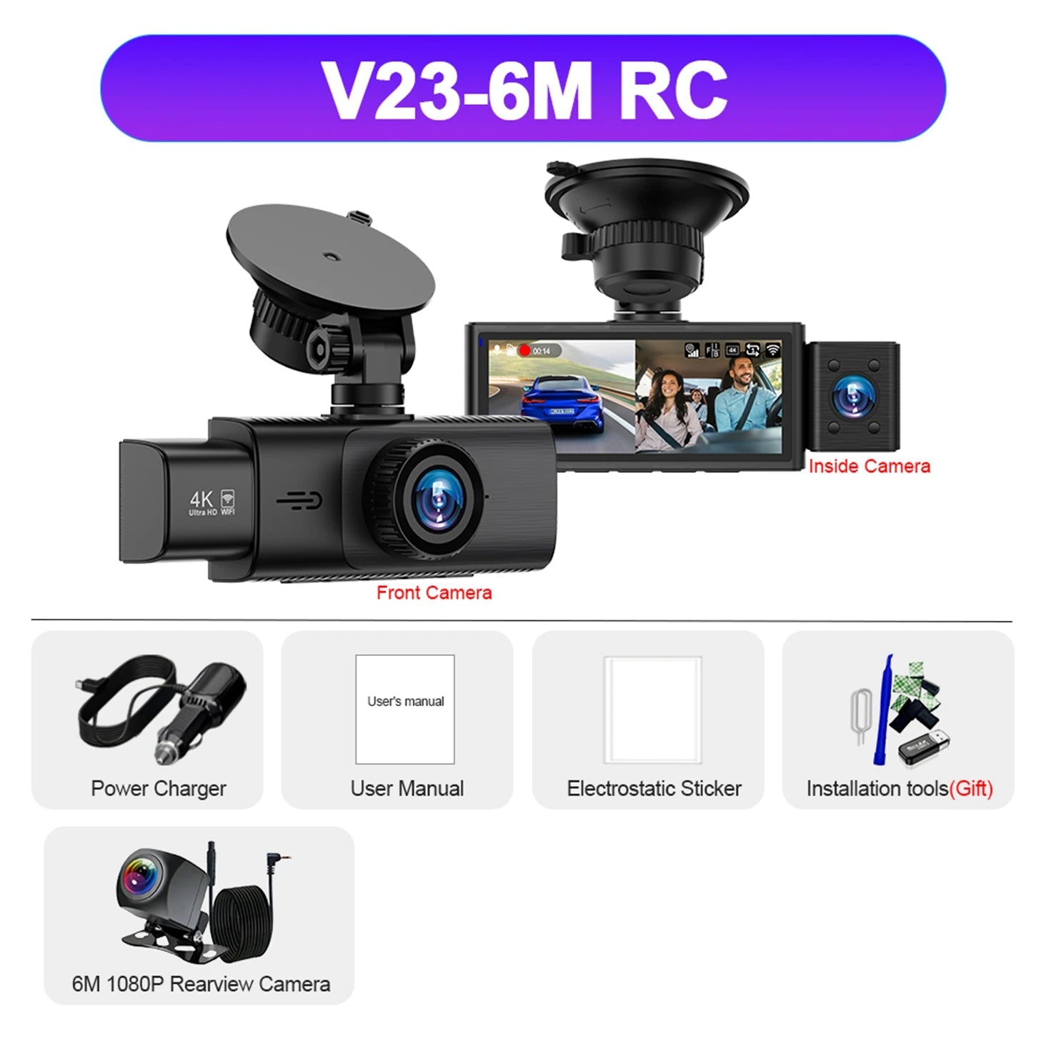3 Channel WiFi 4K Dash Cam Front and Inside DashCam 1080P Rear Camera Night Vision 24H Parking Car DVR Black Box Support GPS Car Mobile World
